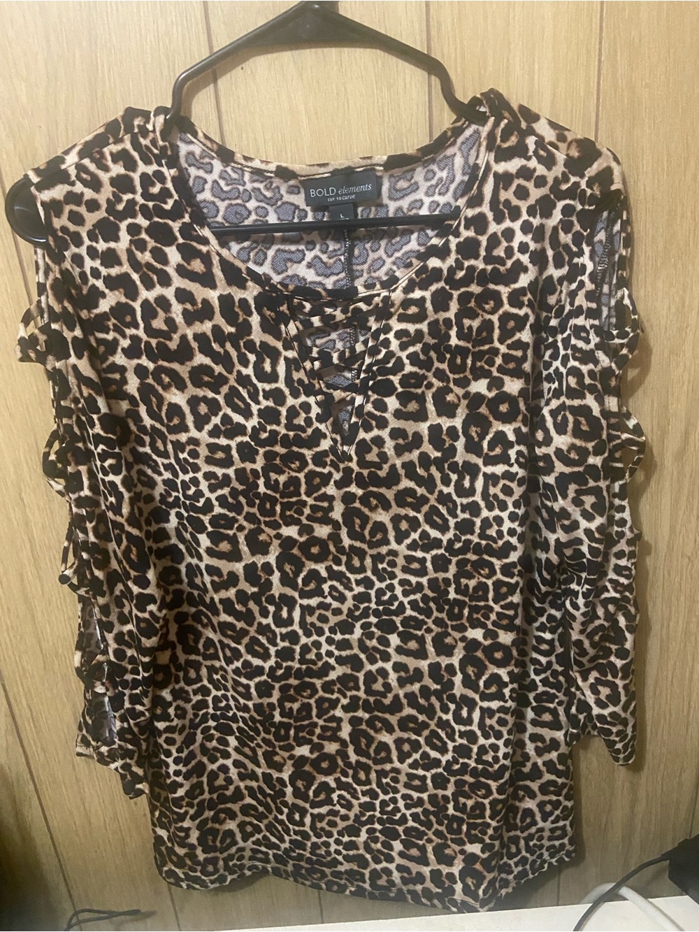 BOLD elements Leopard Print Lace-Up Cold-Shoulder Top - Brown/Tan/Black